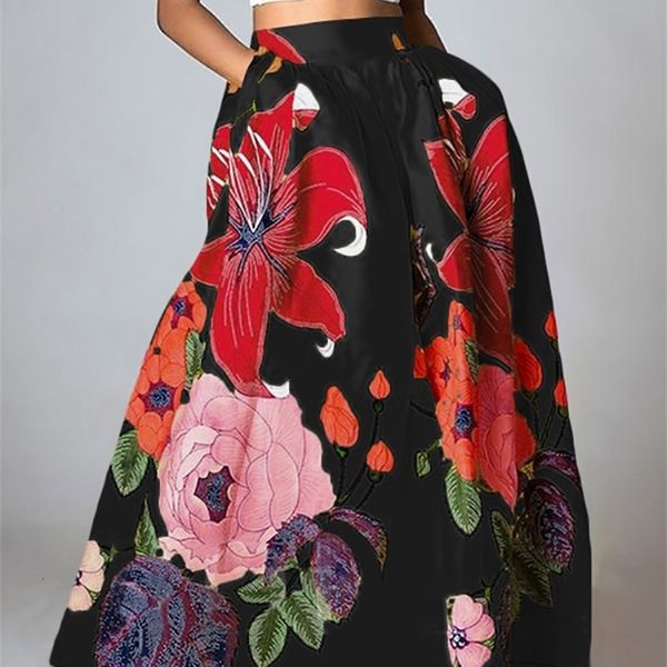 

skirts celmia bohemian long skirts women floral print spring holiday high waist a-line jupes female casual loose party skirt 230427, Black