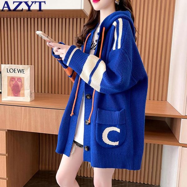 

sweaters azyt korean loose sweater oversized female cardigan 2022 spring autumn fashion hooded knitwear pull femme casual sweater coat, White;black