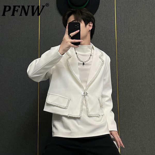

men's suits blazers pfnw blazer pendek pria baru musim semi gugur mantel warna polos tren berpayet mutiara kasual kepribadian tampan 28, White;black