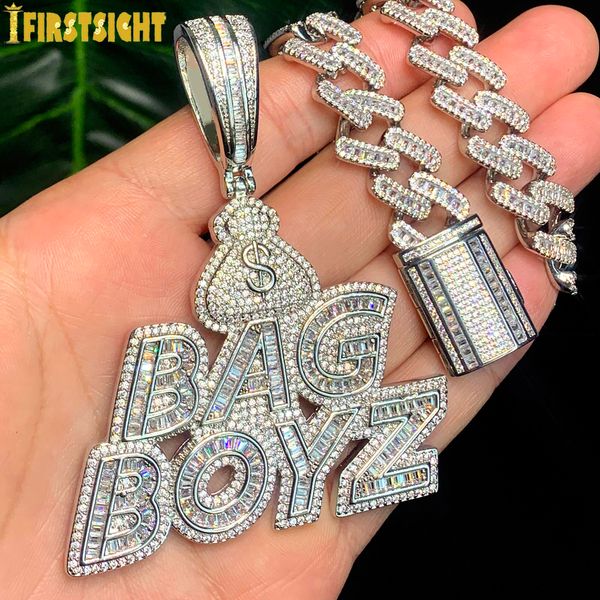 

pendant necklaces baru cz huruf tas boyz liontin kalung es keluar bling 5a kubik zirkon dolar simbol uang jimat mode hip hop perhiasan pria, Silver