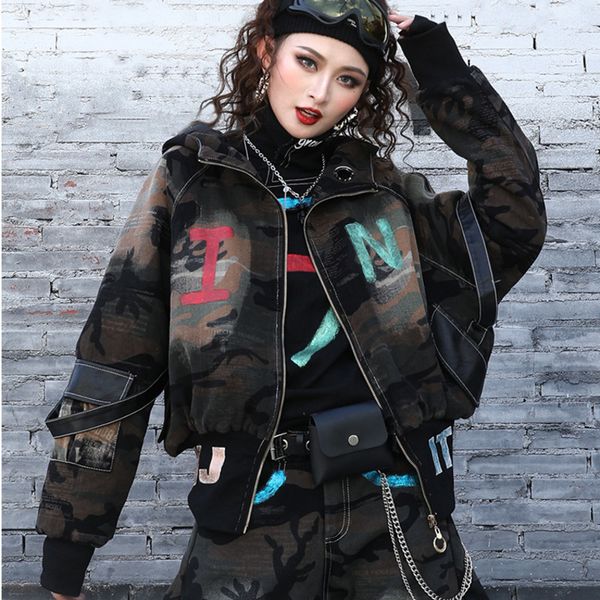 

men s jackets mantel denim katun 5843 pakaian jalan wanita jaket jeans berkerudung lengan panjang atasan kamuflase luar hip hop saku berpaye, Black;brown