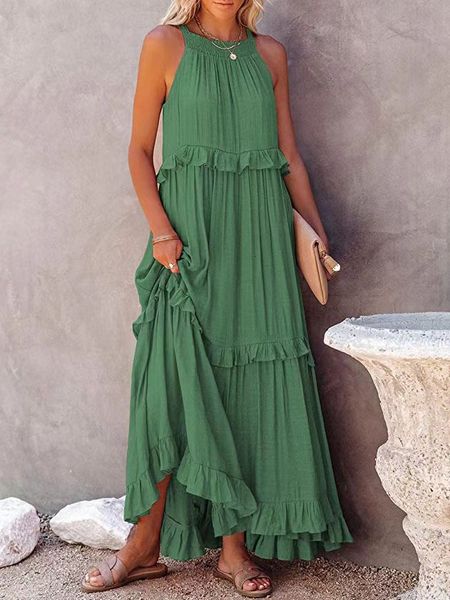 

casual dresse solid long dresses summer loose sleeveless hollow tieup dress female beach party ruffle maxi elegant robe 230426, Black;gray