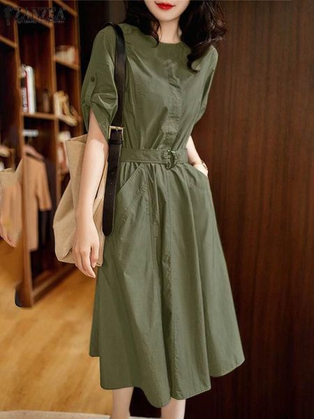 

dresses women half sleeve ol work midi sundress 2022 zanzea summer elegant shirt dress fashion party solid vestidos kaftan robe femme, Black;gray