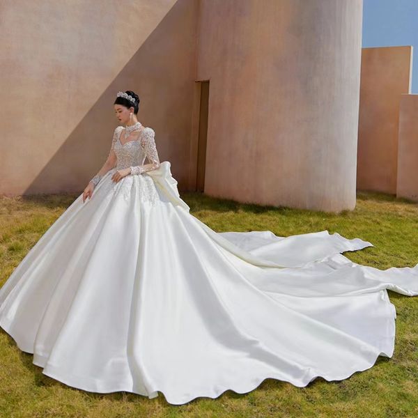 

modern satin a line wedding dresses 2023 pleats plus size garden country bridal party gowns robe de soiree sweetheart sweep train bridal bli, White