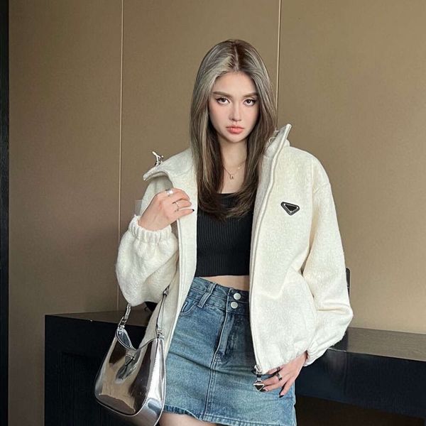 

Woman Clothing P23 Autumn And Winter New Classic Triangle Loose Back Embroidered Letter Decoration Hooded Pellet Bomber Coat, Black