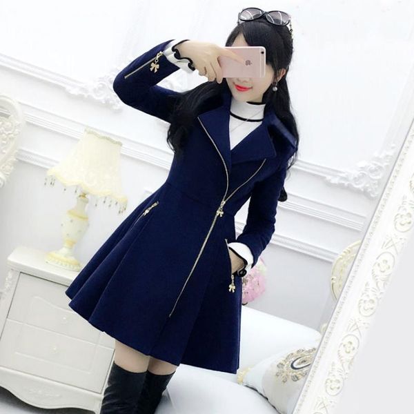 

fur 2022 autumn winter women coat dark blue zipper longsleeved midlength slim lady clothing, Black