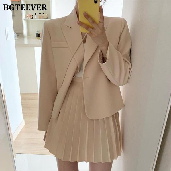 

pants bgteever casual chic women skirt suits notched collar single button suit jacket pleated mini skirts summer 2 pieces blazer set, White