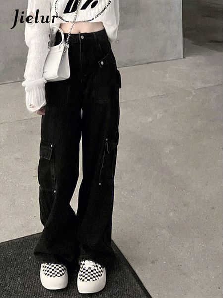 

women's jeans jielur hitam untuk wanita pakaian kerja lurus musim semi panas celana denim kaki lebar kargo kasual ketat 230426, Blue