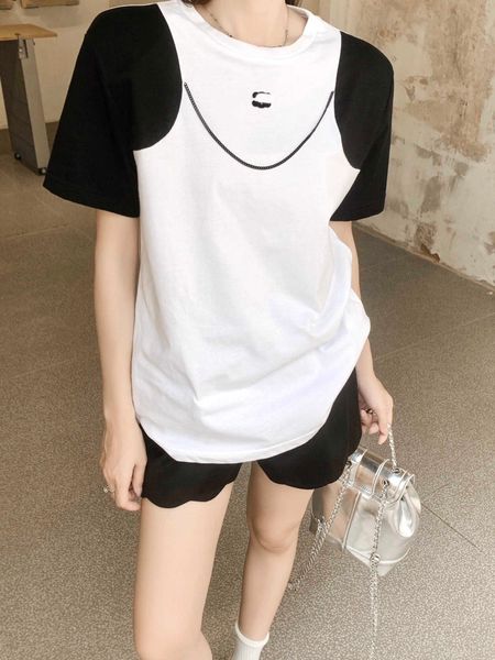

23ss tee womens t-shirt womens designer clothing round neck pure cotton spring summer new stitching design chain decorative embroidery t-sh, White