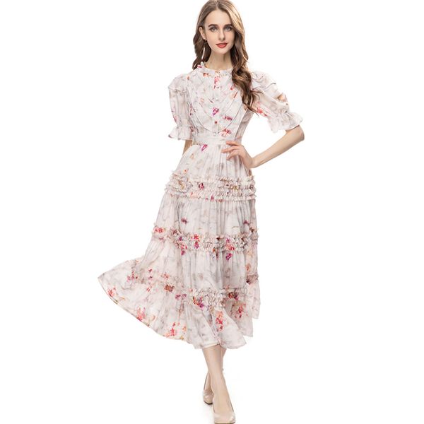 

women's runway dresses o neck short sleeves printed floral tiered ruffles high street casual vestidos, Black