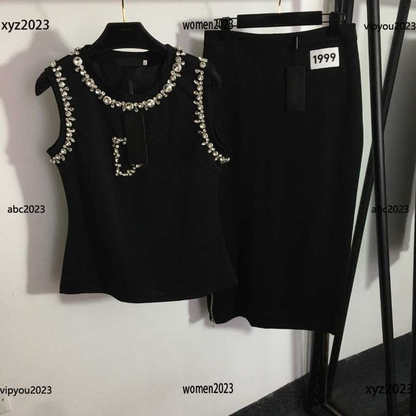 

luxury dresses for woman sets two piece dress diamond lettered round neck vest and side zippered split high waisted skirt new arrival, White