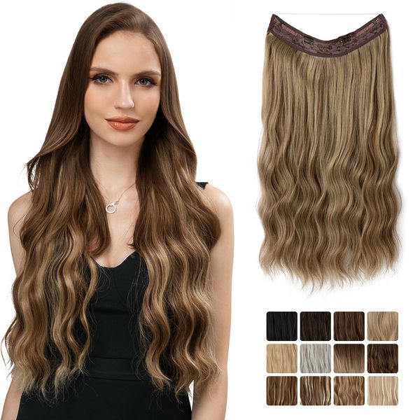 

wire hair extensions adjustable headband synthetic wavy curly invisible transparent no clip long hair pieces, Black;brown
