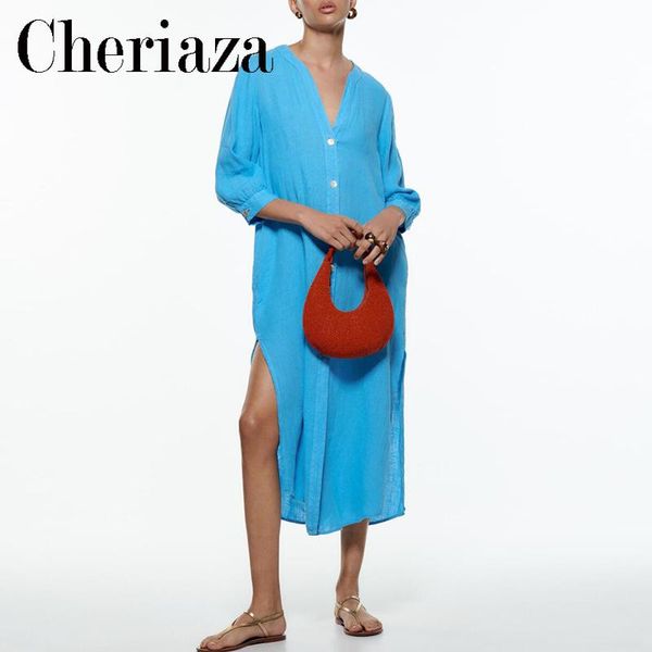 

dresses 2022 spring summer woman new blue long gown crew neck dress seven points sleeve straight midi skirt side slit vestidos mujer, Black;gray