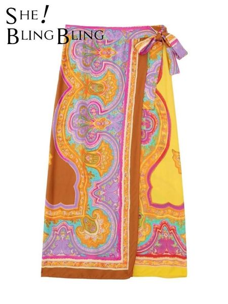 

dresses sheblingbling 2022 summer women midi skirt traf vintage print high waisted wrap laceup side skirts jupe femme chic elegant, White;black