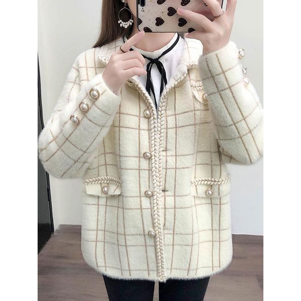 

sweaters fall winter elegant plaid mink fleece coat women korean lapel pearl button sweater cardigan casual cashmere knitted jacket, White;black