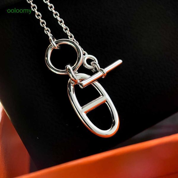 

hemres designer necklace hollow out pig nose necklace fashion scenery surface geometric design pendant s925 sterling silver collar chain wom, Black