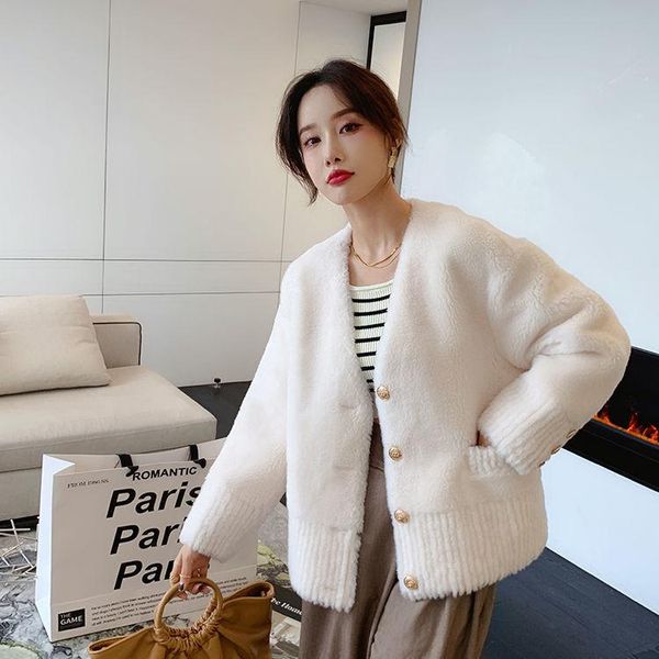 

fur ladies winter natural weave wool fur outerwear women casual short real fur coat female vneck sheep shearling fur overcoat r86, Black