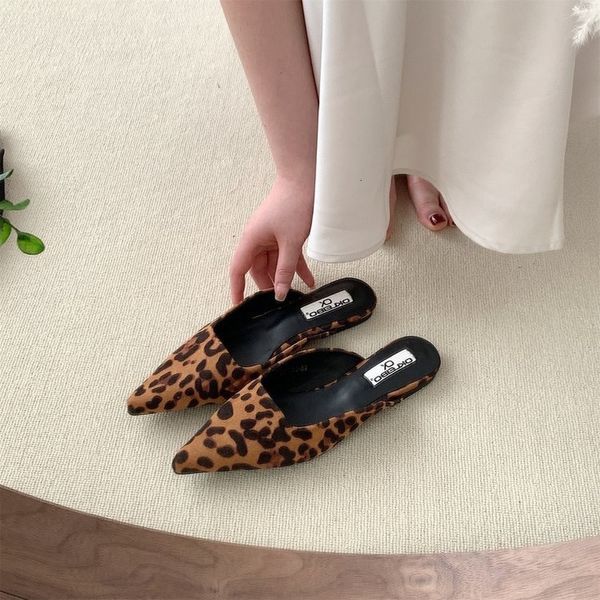 

slippers women slippers pointed toe leopard design shallow slip on thin low heels black flock design casual mules loafers black outdoor 2304