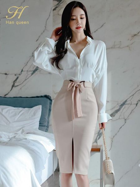 

pants h han queen women 2022 spring ol work wear 2 pieces set white blouses laceup sheath pencil bodycon skirt chic female clothing