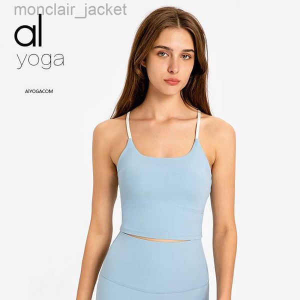 

desginer alos yoga t shirt new fresh and strap sports bra with chest cushion fitness tank top, White