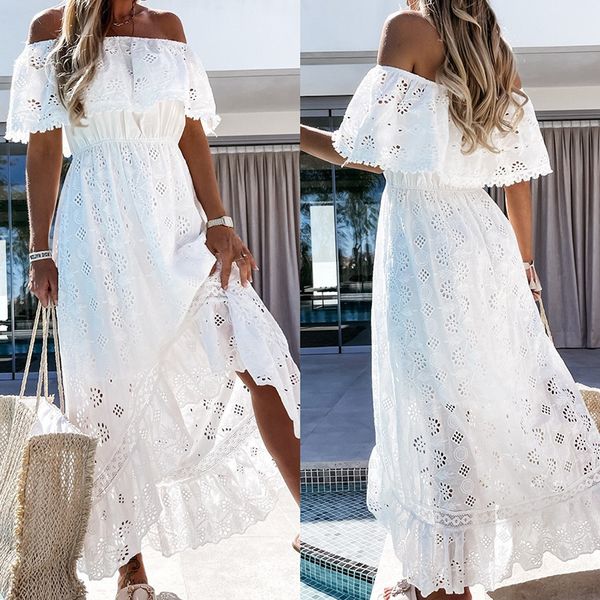 

casual dresses summer women's bohemian one word shoulder lace lacework splicing short sleeve tube backless beach white long dress 23042, Black;gray