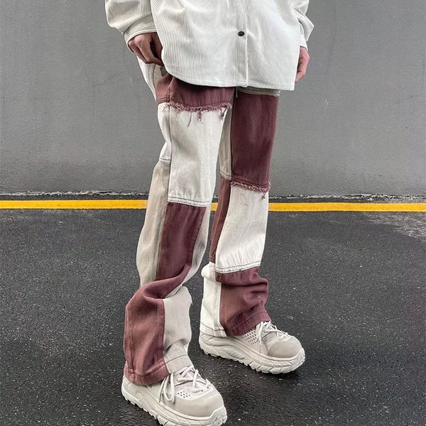 

men's jeans fashion brown patchwork grunge baggy men trousers high street loose straight hip hop women denim pants pantalones 230426, Blue