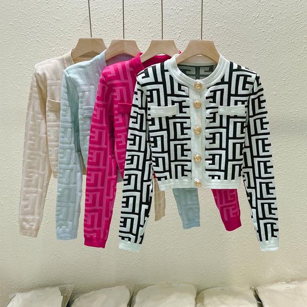 

sweaters women fashion vintage autumn jacquard letter metal buckle shoulder pad knit cardigan sweater jacket coat, White;black