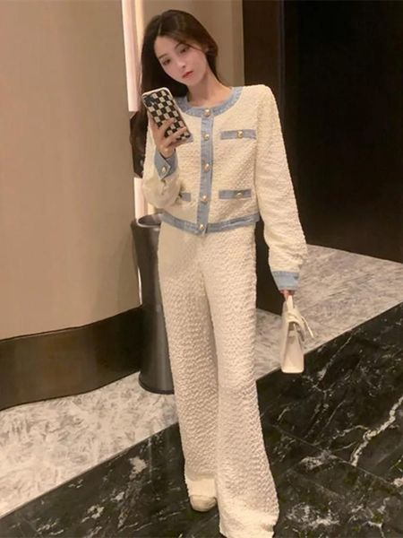 

pants elegant ladies white outfits women o neck long sleeve short jacket coat + elastic high waist straight pant korean two piece set