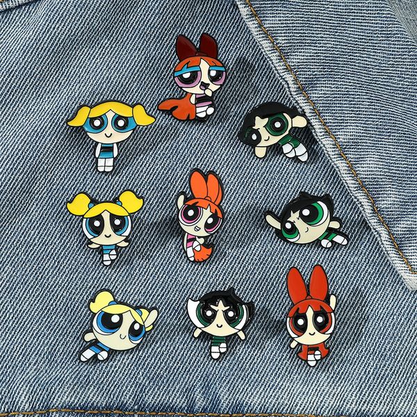

cartoon cute anime character boy girl enamel brooch alloy badge cowboy clothes bag pin cute sweet accessories jewelry gift the powerpuff gir, Blue
