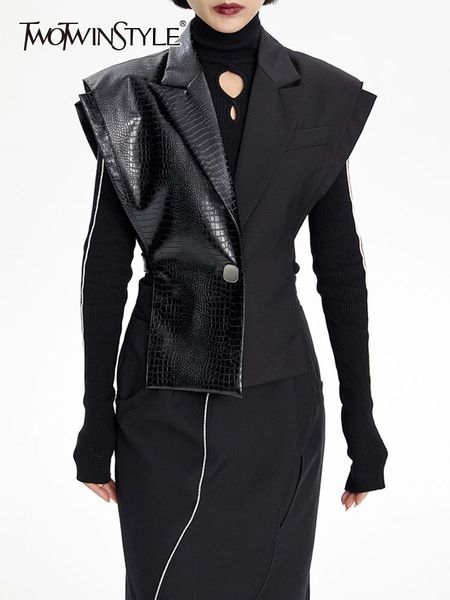 

vests twotwinstyle pu leather black y2k vest for women v neck sleeveless cut out solid minimalist vests jackets female clothing 2022, Black;white