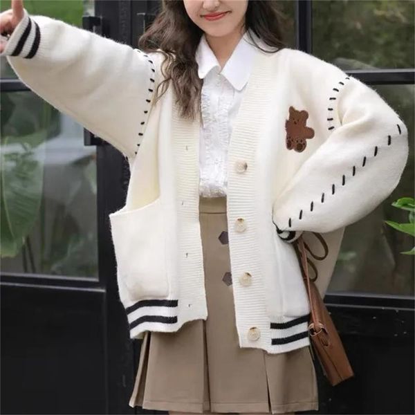 

sweaters preppy fashion cute bear soft knitted oversize cardigan sweater women grey korean style harajuku jumper female casual winter top, White;black