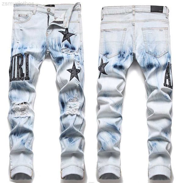 

european trend jean man letter star jean men embroidery patchwork ripped jeans trend brand motorcycle pant mens skinny jeans, Blue