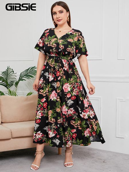 

plus size dresses gibsie size v neck floral print boho dres summer short sleeve maxi holiday aline female belted dress 230426, Black