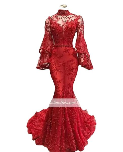 

red lace mermaid evening dresses illusion poet long sleeves high neck appliqued beaded long party pageant gowns prom dress bes121, Black;red