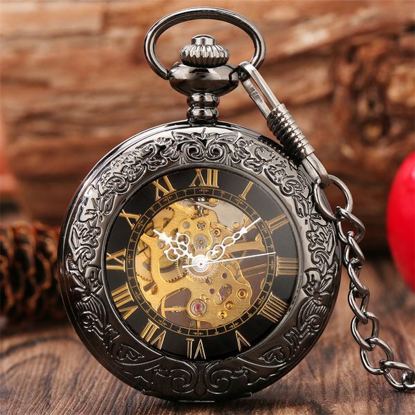 

pocket watches gold roman numerals transparent glass manual mechanical watch retro chain clock gift for male antique hand winding 230426, Slivery;golden