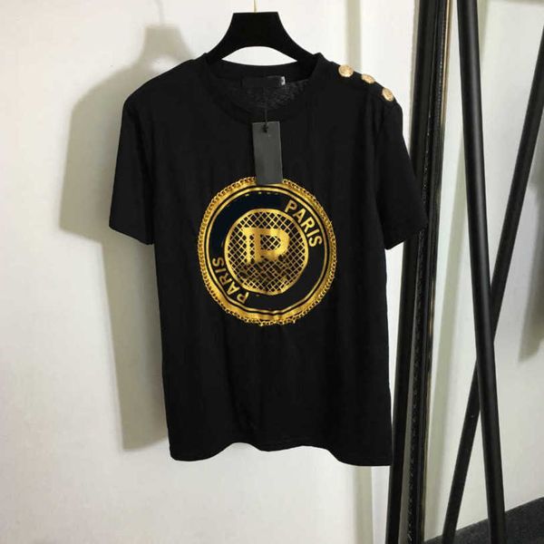 

23ss tee womens t-shirt womens designer clothing round neck pure cotton hardware decoration shoulder button gold print short sleeve t-shirt, White