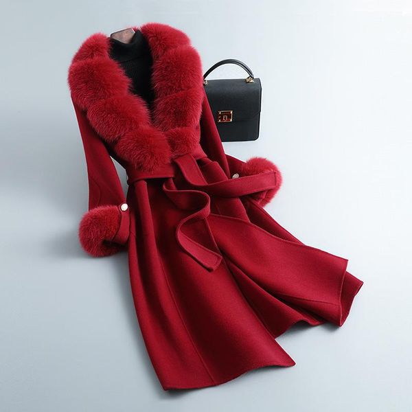 

fur womens real fox fur collar wool coats autumn winter cashmere trench luxury double face jackets s3664, Black