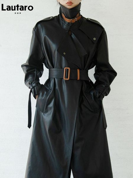 

jackets lautaro spring autumn oversized cool black long leather trench coat for women belt long sleeve loose european fashion 2021 2022, Black;brown