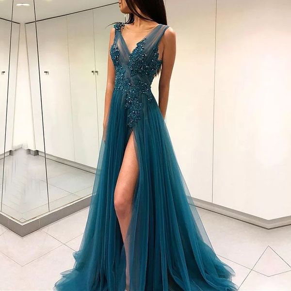 

peacock blue prom dresses v-neck appliqued beaded pearls backless split formal long party cocktail gowns sleeveless 2023, Black
