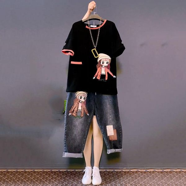 

pants women's summer suits women's jeans tshirt 2022 new cartoon temperament design sense straight pants twopiece set female, White