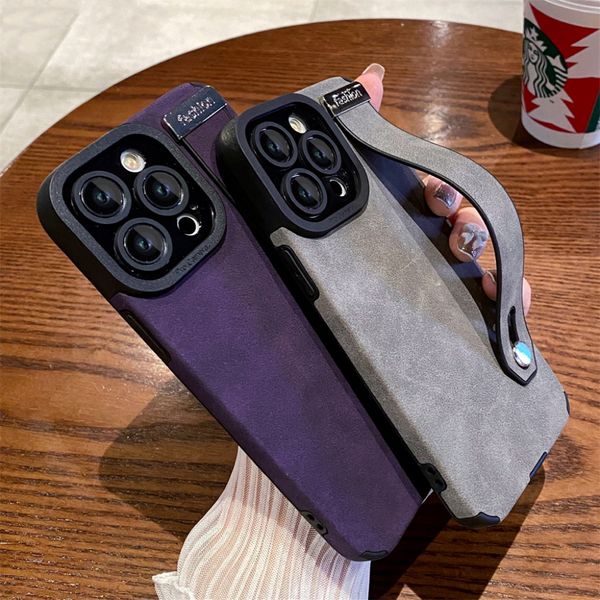 

wrist strap holder luxury suede leather case for iphone 14 pro max 13 12 11 x xr xs 8 7 se soft silicone bumper protection cover