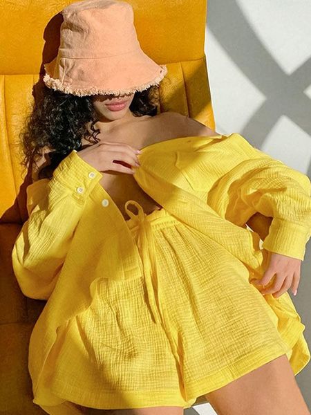 

dress cotton shorts two piece sets womens outifits casual long sleeve lapel button shirt elastic waist shorts female set simple suits, White