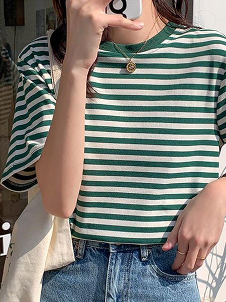 

t-shirt women stripes vintage tshirt o neck short sleeve pullover tshirt 2022 summer new korea cotton shirt green black y2k, White