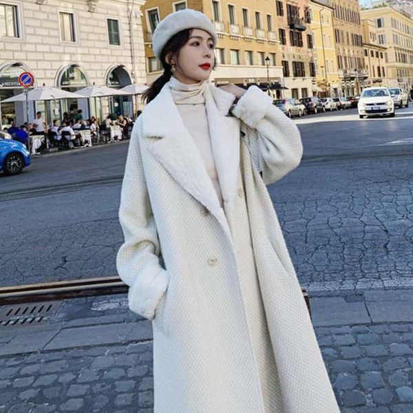 

fur women's midlength doublebreasted rabbit wool stitching lamb woolen coat winter temperament loose hepburn small fragrance sskk1, Black