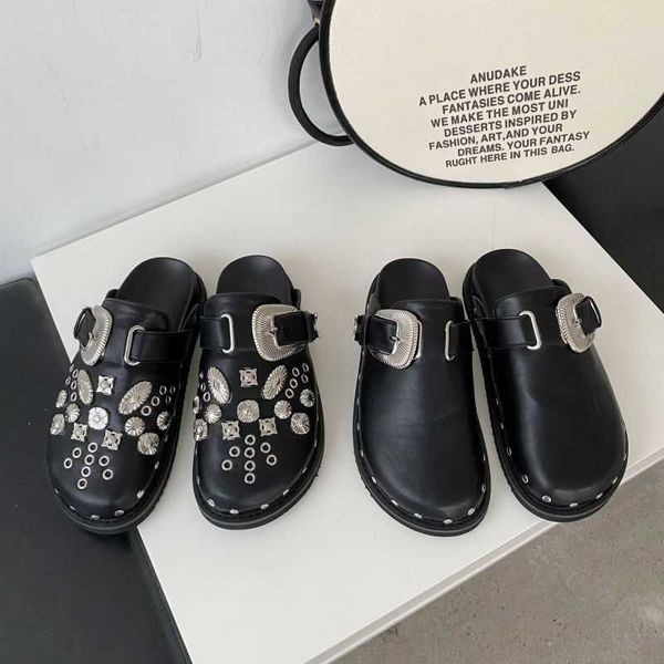 

sandals punk rivet women mules summer slippers fashion pu leather flats luxury slides black female designer platform shoes 230423
