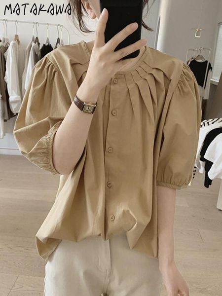 

shirts matakawa puff sleeve women blouses solid summer single breasted pleated work fashion blusas mujer elegant loose shirts, White