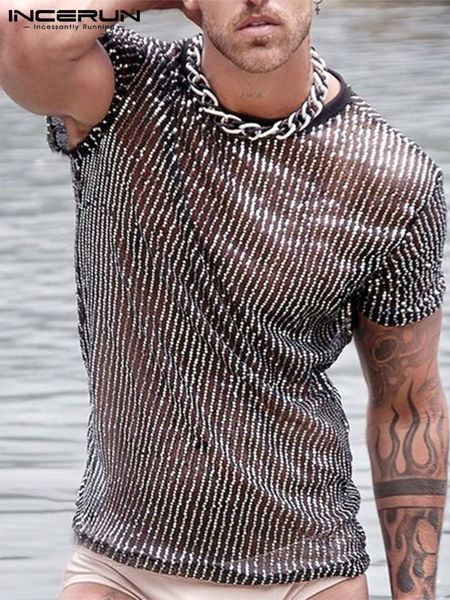 

men s t shirts atasan incerun 2023 kaus oblong lengan pendek leher o pria kasual fashion camiseta perspektif bergaris baru gaya amerika s 5x, White;black