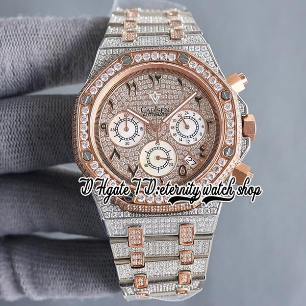 

sf sf26067 japan miyota quartz chronograph movement mens watch rose gold bezel iced out diamond dial arabic markers two tone diamonds bracel, Slivery;brown