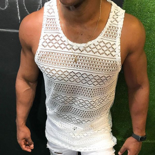

men' tank tank for men lace hollow out sleeveless shirts summer mens clothing slim fit gym clothes workout solid color vest 230426, White;black