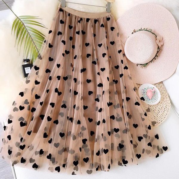 

dresses 2022 spring summer vintage high waist 3d flocking love heart print tulle skirt aline mesh tutu skirts womens, Black;gray